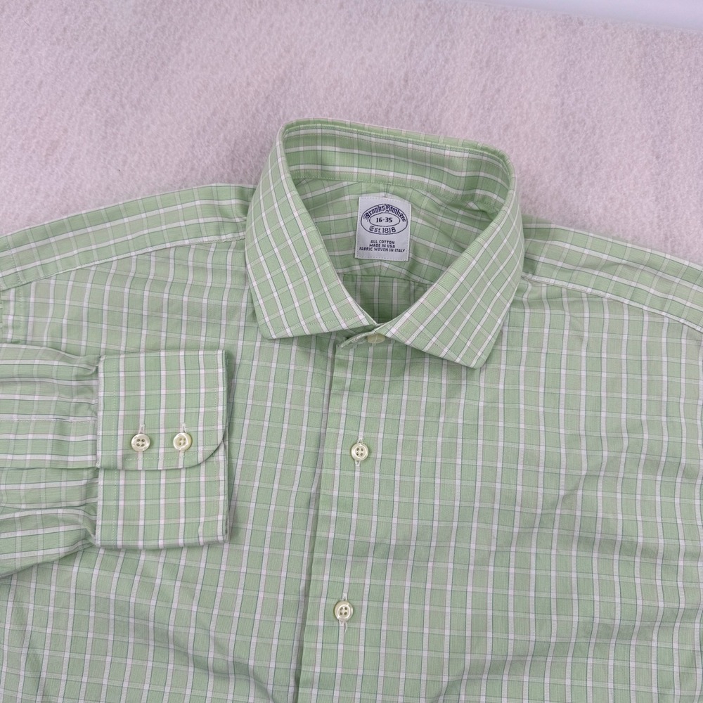 Brooks Brothers Long Sleeve Dress Shirt Men 16-35 Green Plaid Made in USA Preppy